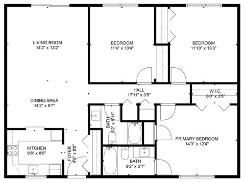 A black and white image of a floor plan for a house with a living room, two bedrooms, a dining area, a kitchen, a foyer, a bath, and a hall.